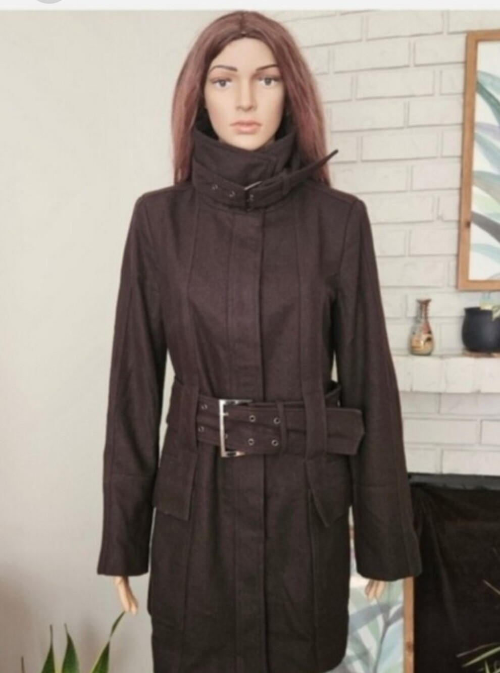 Zara Dark Chocolate Brown Belted Trench Coat Wool Blend Size MEDIUM